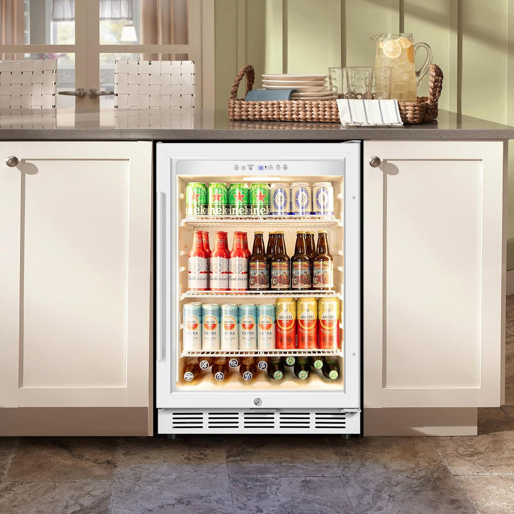 Tylza Beverage Refrigerator 24 Inch, Under Counter/Freestanding Drink Fridge, 190 Cans Beverage Cooler with Glass Door, Reversible Door, Low Noise, Quick Cooling - for Beer, Soda, ETC, White
