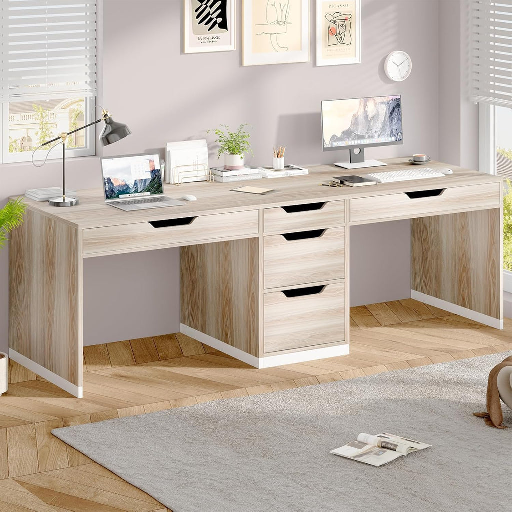 MaverickFurni Two Person Desk with 5 Drawers, Double Desk with Storage for 2 People, 78 Inch Extra Long Computer Desk Workstation with File Drawer for Home Office, White and Walnut