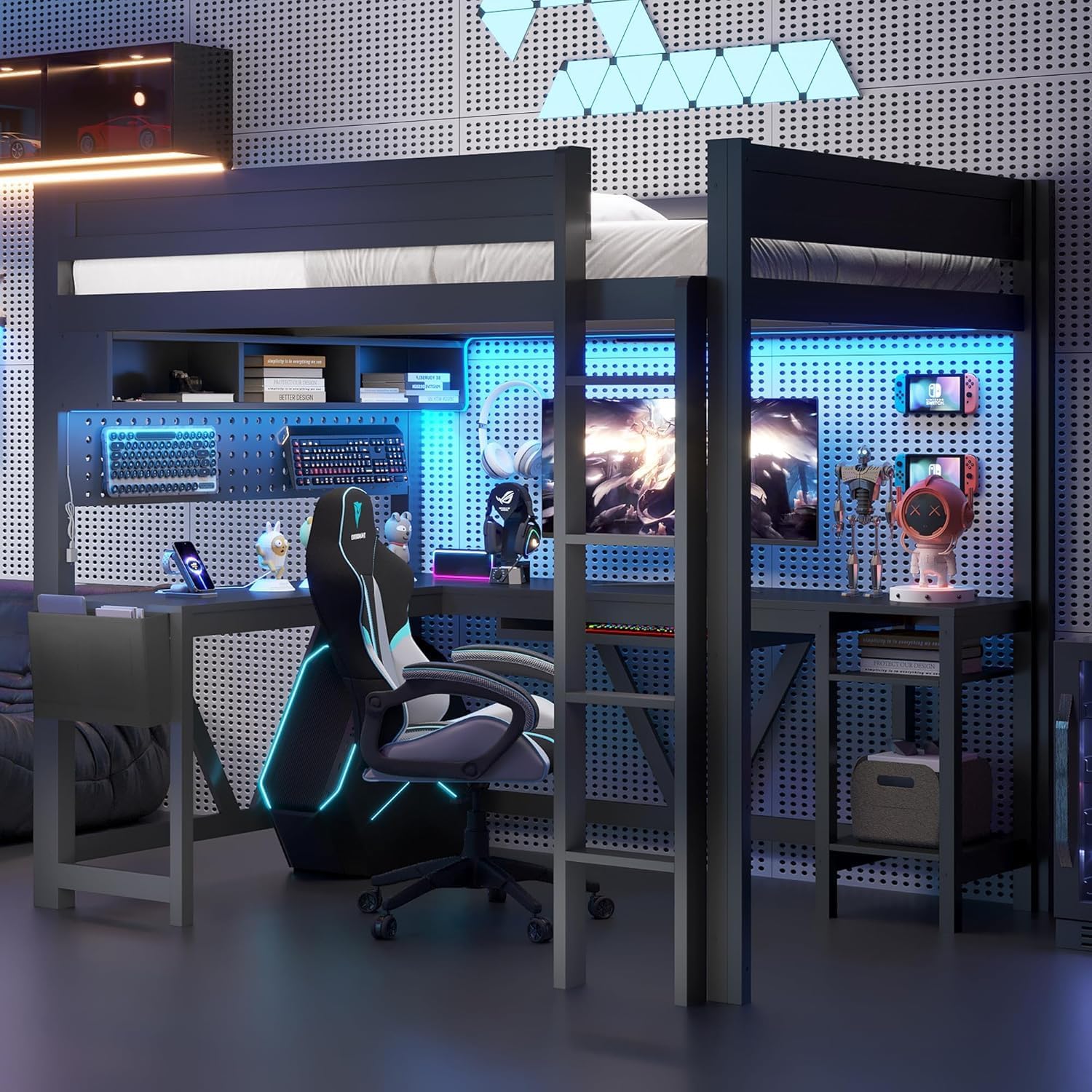 Virubi Full Gaming Loft Bed with Desk and Storage Shelves, LED RGB and Charging Station, Wood High Loft Bed with Storage Case, Ladders,and Guardrails for Adults Teens (Black)