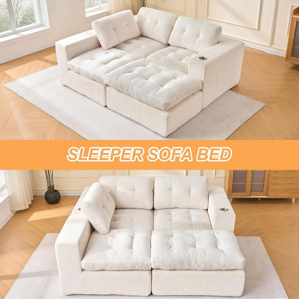 108 inch L Shaped Modular Sofa Bed, 50' Deep Seat Corduroy Boneless Sectional Couch with Ottoman No Assembly, 1400lbs Capacity Cloud Sleeper for Living Room Apartment (Light Beige)