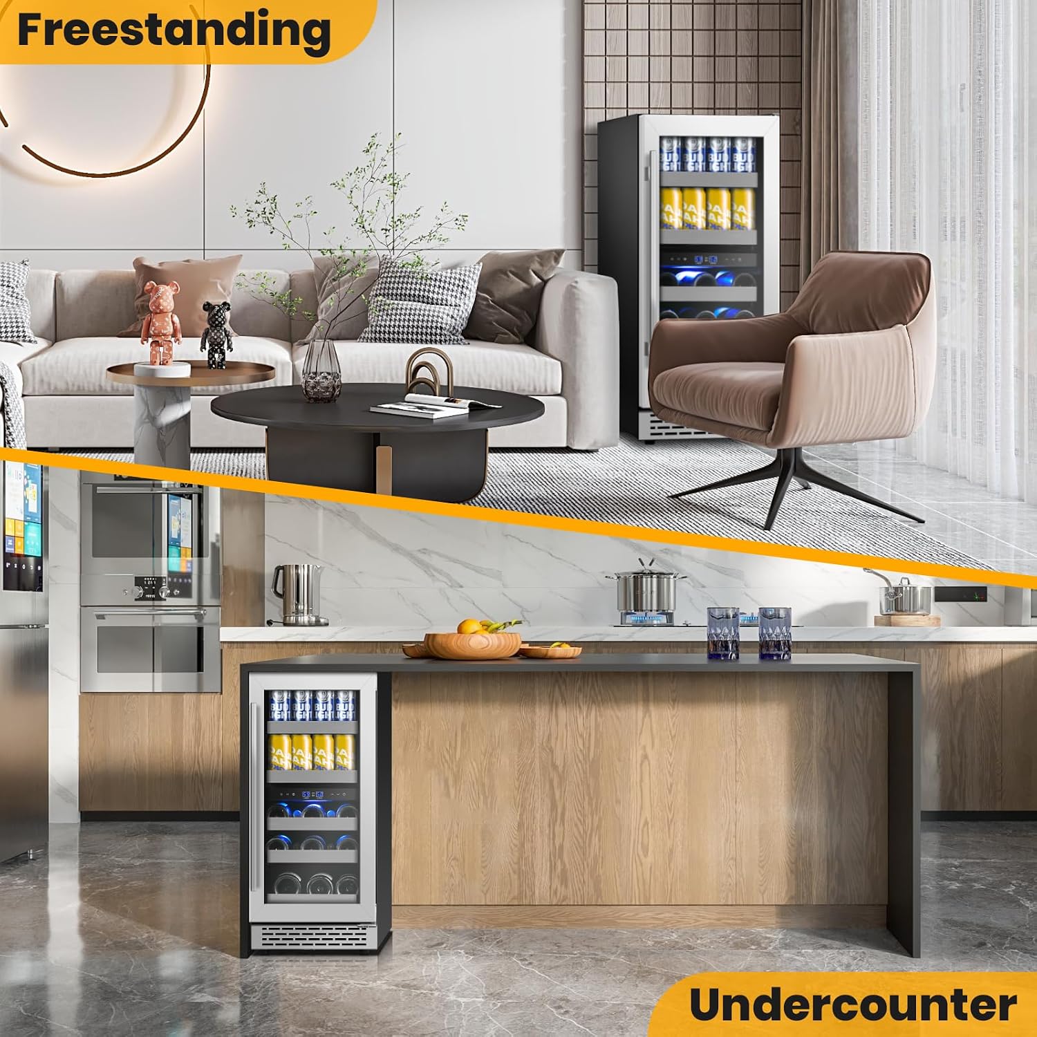 15 Inch Wine and Beverage Refrigerator,13 Bottle & 48 Cans Dual Zone Beverage Fridge with Reversible Glass Door,Freestanding/Under Counter Wine Fridge with 360 Air Cooling for Home Bar Office