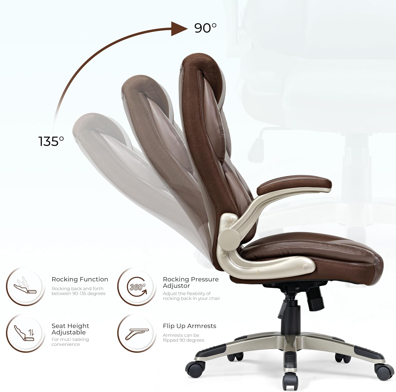 EUREKA ERGONOMIC Galene Executive Office Chair Flip Up Arm Rest, Ergonomic Desk Chair Faux Leather Computer Chair, High Back Office Chair with Headrest, Home Office Desk Chairs with Wheels, Brown