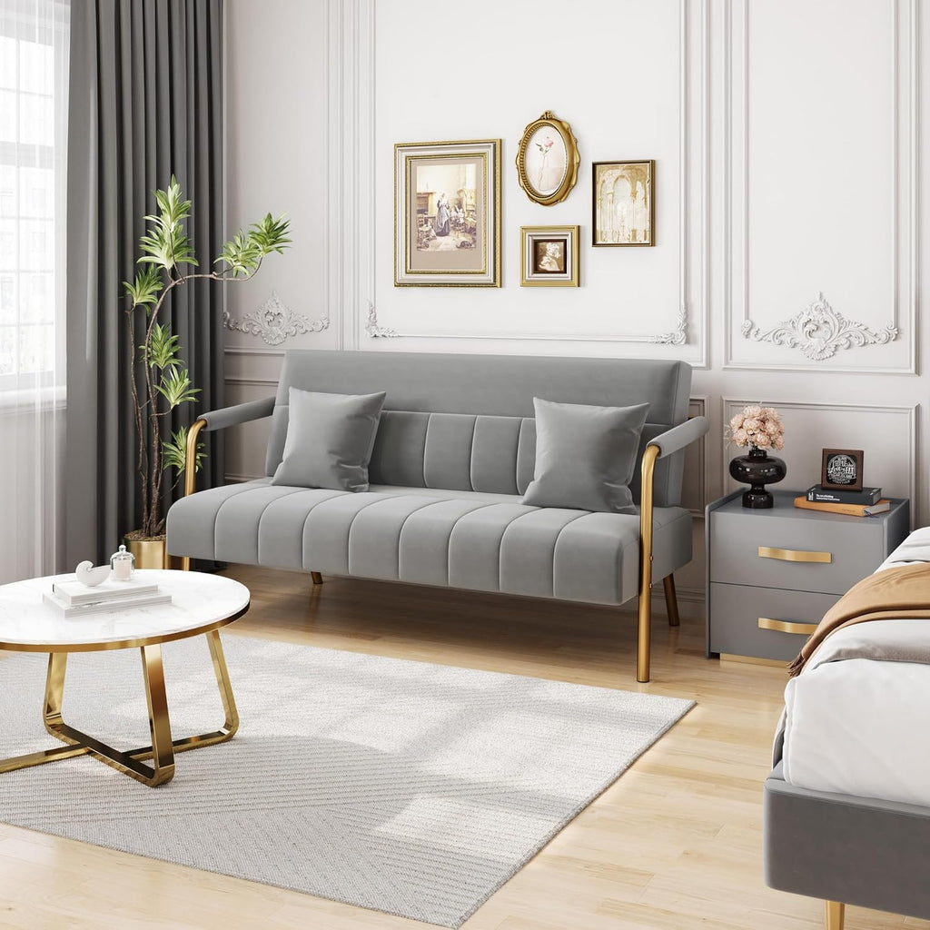 Yaheetech 56.5' W Modern Sofa Small Sofa Luxurious Velvet Fabric Couch with Gold-Tone Metal Arms and Legs for Living Room, Home Office, Studio Light Gray