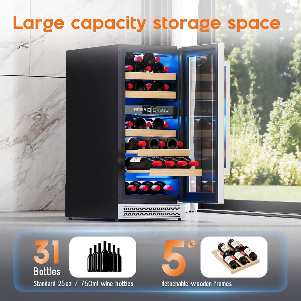 Albott 15 Inch Wine Fridge, Dual Zone 31 Bottle Wine Cooler 41–68℉ with Digital Temperature Control, Reversible Double-Layer Glass Door, Built-in or Freestanding Design for Home and Bar