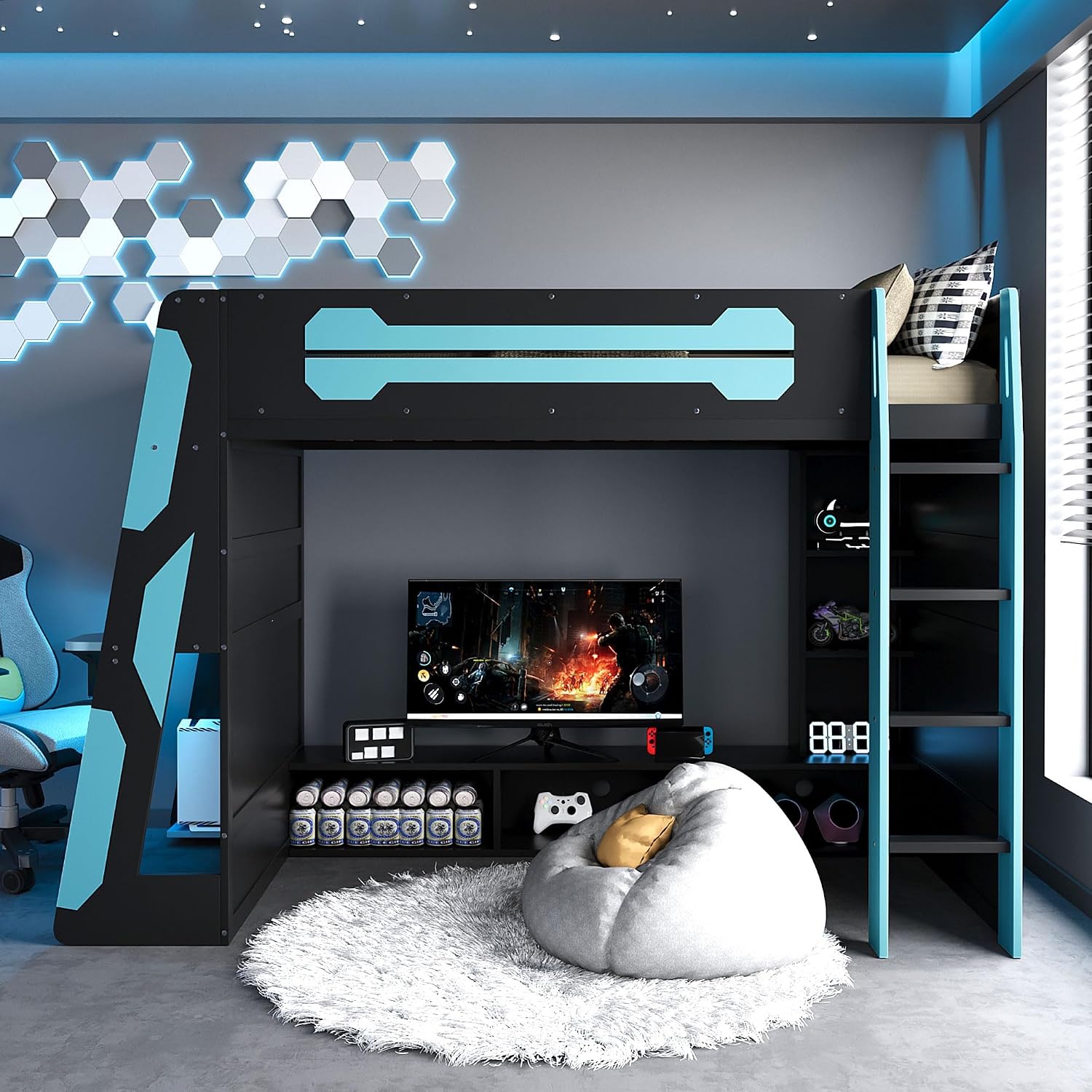 Merax Wood Loft Bed with Desk, Multi-Storage Shelves and RGB Light, Twin Size, Cloud Blue