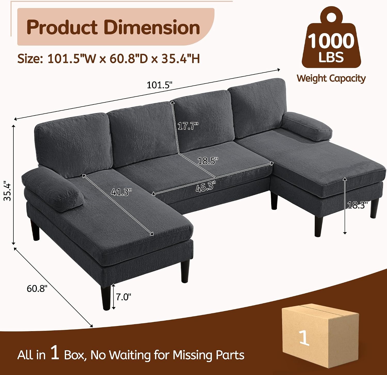 Korser 101' Sectional Couches for Living Room, U Shaped Sofa with Double Chaise Lounge, Modern Chenille Fabric 4-Seat Couch for Apartment/Small Space, Grey