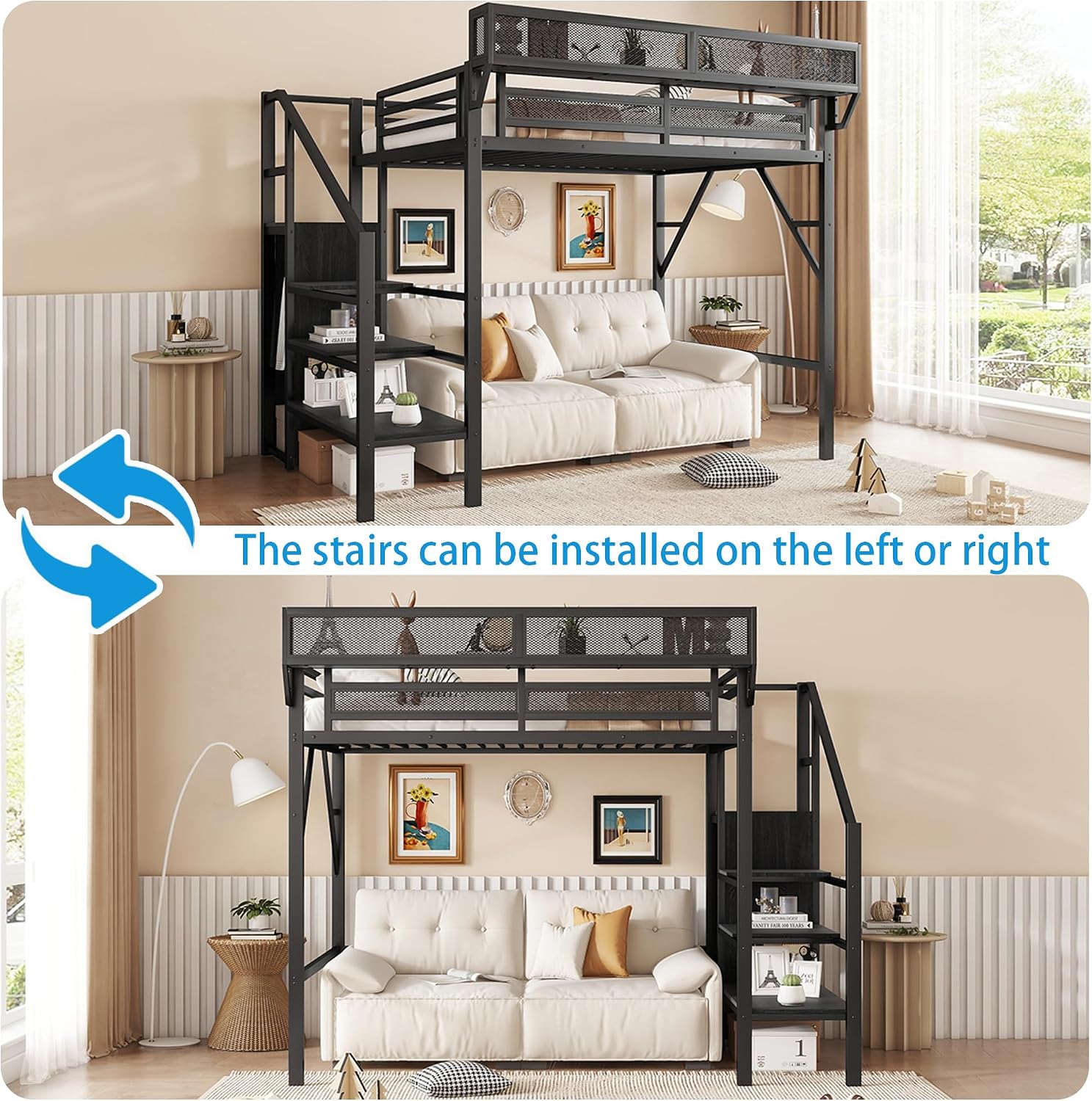 Twin Size Loft Bed with Stairs, Metal Loft Beds Twin with Storage Shelves, Adults Loft Bed with Wardrobe, Heavy Duty High Lofted Bed for Kids Teens,Black +Black Stair