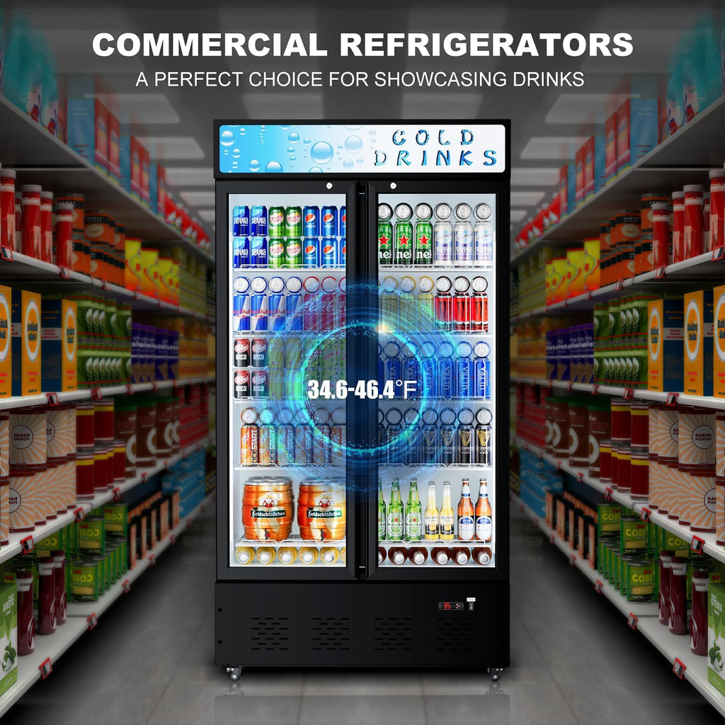 41.3''W Commercial Beverage Refrigerators, 30 Cu.ft. Glass Door Refrigerator Upright Display Cooler with Soft LED Light and Adjustable Shelves for Restaurant Grocery Stores Home