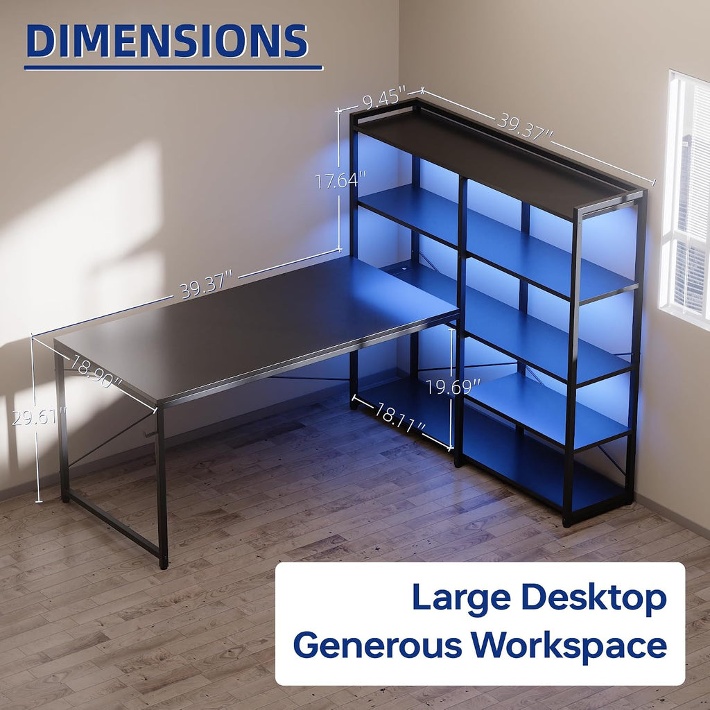 Pamray L Shaped Computer Desk with Reversible Side Storage Shelves, 49 Inch Gaming Desk with Power Outlets and Led Lights, PC Table for Home Office and Bedroom Pink