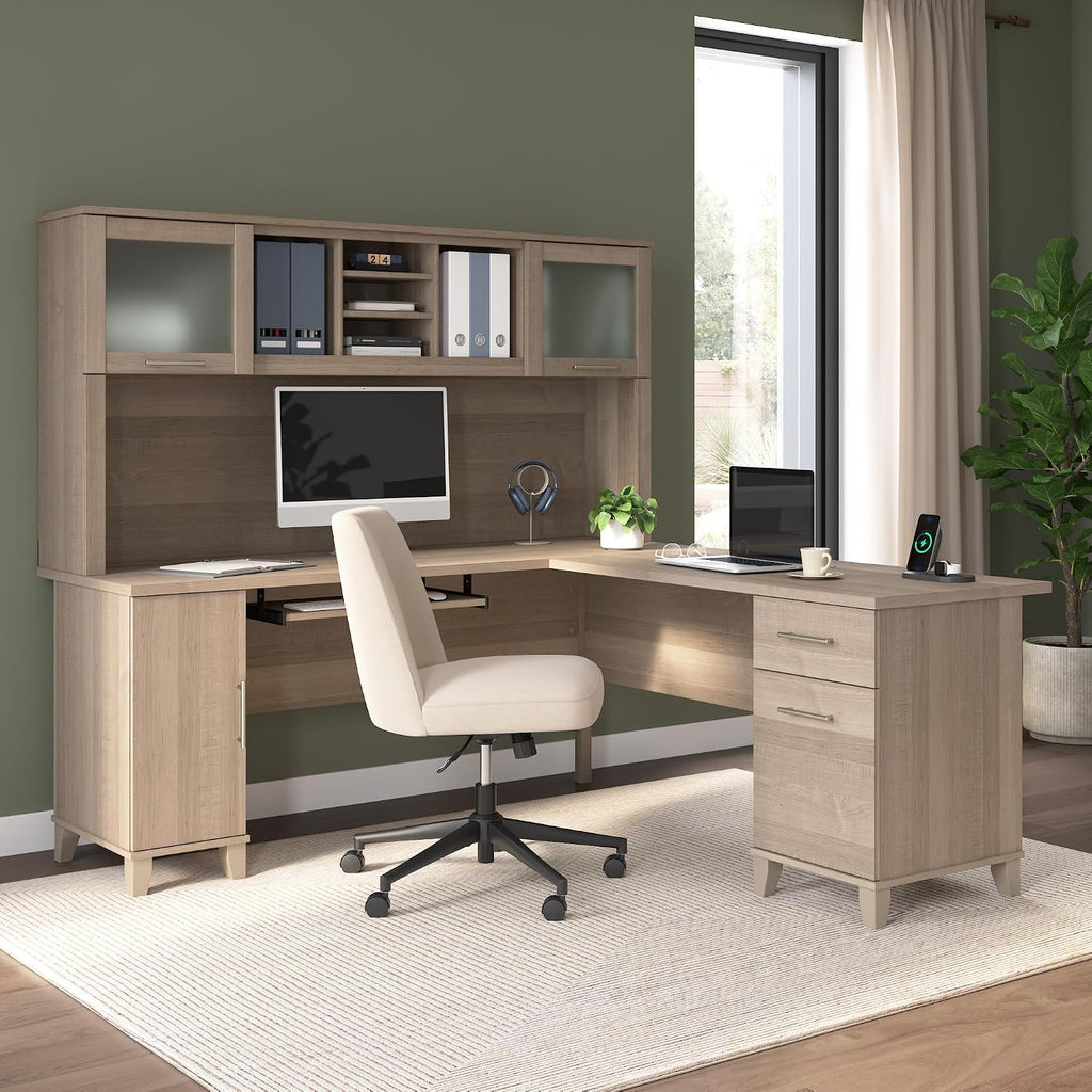 Bush Home 72-Inch L-Shaped Desk with Hutch, Corner Computer Office Desk with File and Box Drawers, Shelves and Storage Cabinet, Home Office Workstation, Somerset Collection, Ash Gray