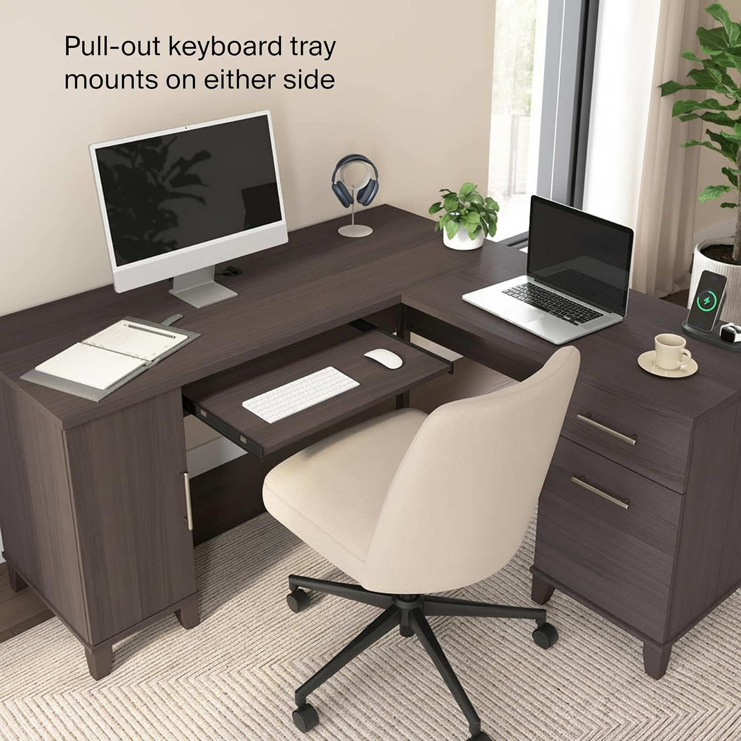 Bush Furniture 60-inch L Shaped Desk with Storage, Spacious Corner Computer Table for Home Office, Somerset Collection, Storm Gray