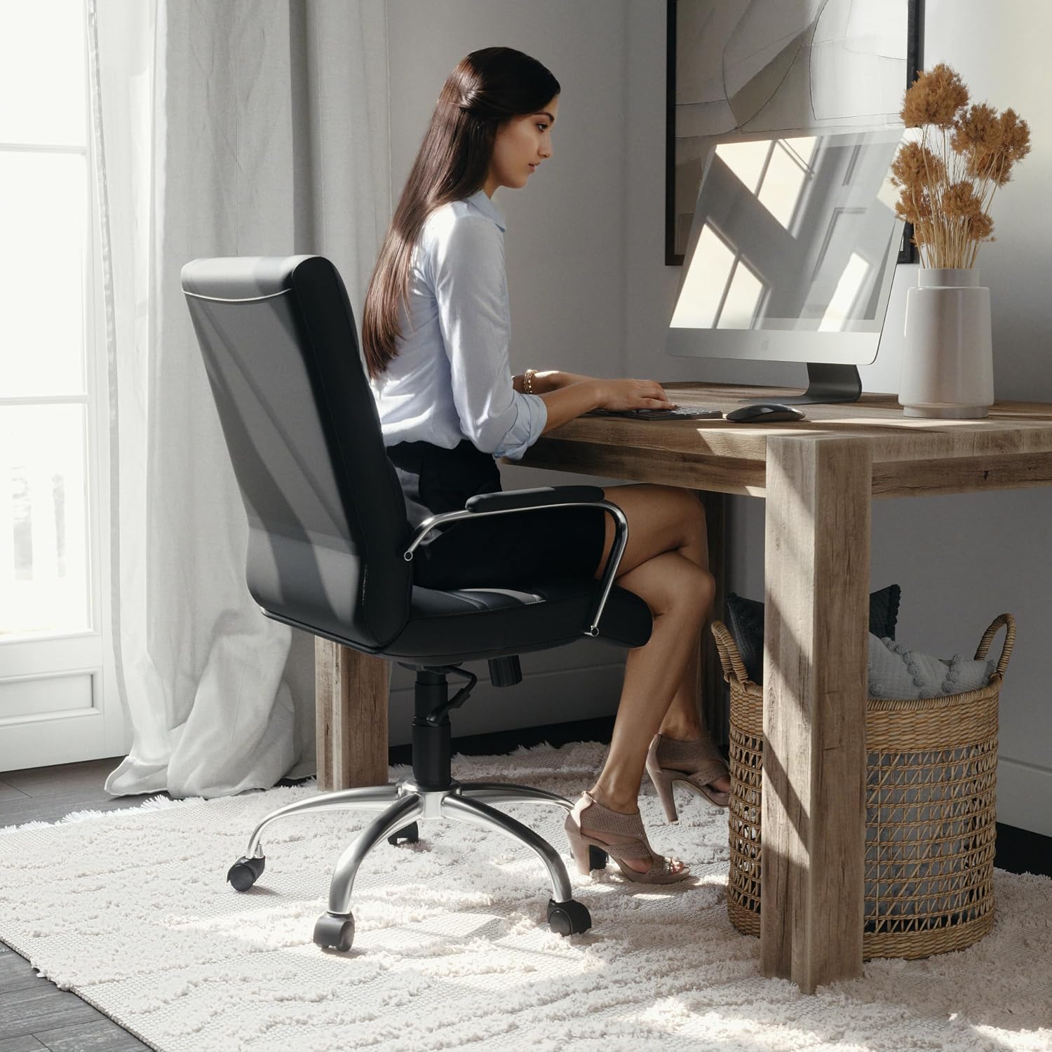 Flash Furniture Whitney Mid-Back Swivel LeatherSoft Desk Chair with Padded Seat and Armrests, Adjustable Height Padded Office Chair, Black