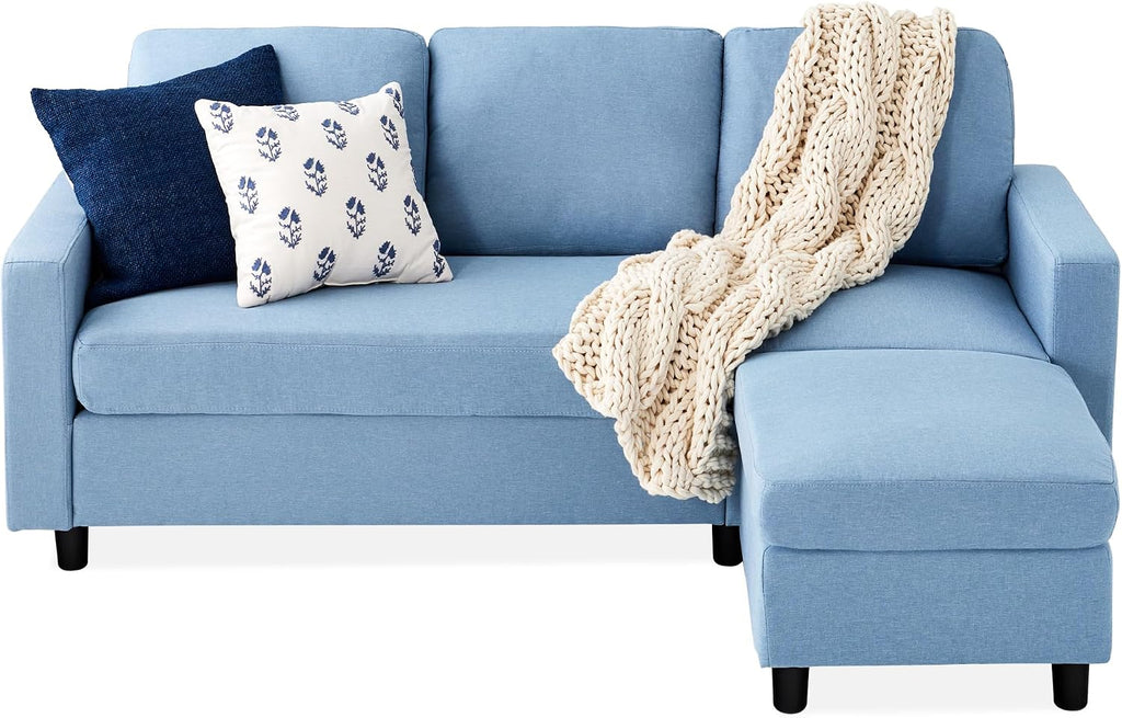 Best Choice Products Upholstered Sectional Sofa for Home, Apartment, Dorm, Bonus Room, Compact Spaces w/Chaise Lounge, 3-Seat, L-Shape Design, Reversible Ottoman Bench, 680lb Capacity - Light Blue