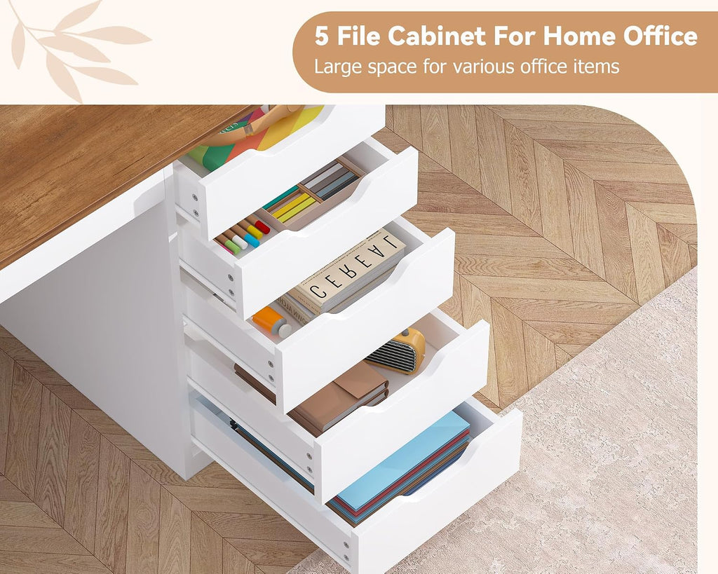 YOMILUVE 2 Person Desk with 5 Drawers and Power Outlets, 78.7 Inch Long Computer Desk with Storage File Cabinet, Two Person Home Office Double Desk with Storage, Brown and White