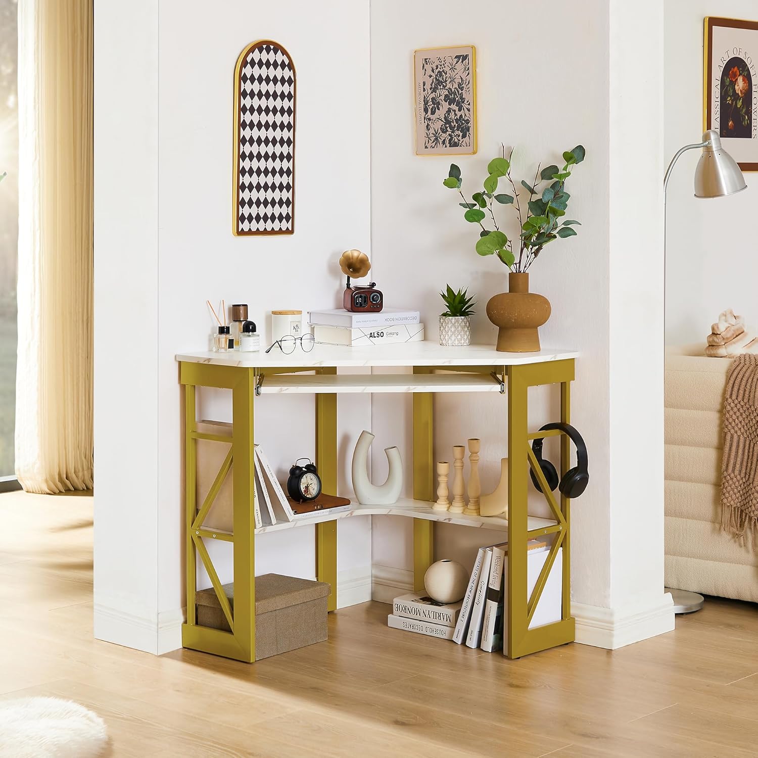 VECELO Corner Desk Computer Desk Writing Table with Smooth Keyboard Tray&Storage Shelves for Small Spaces/Compact Home Office Triangle Table,Gold & White