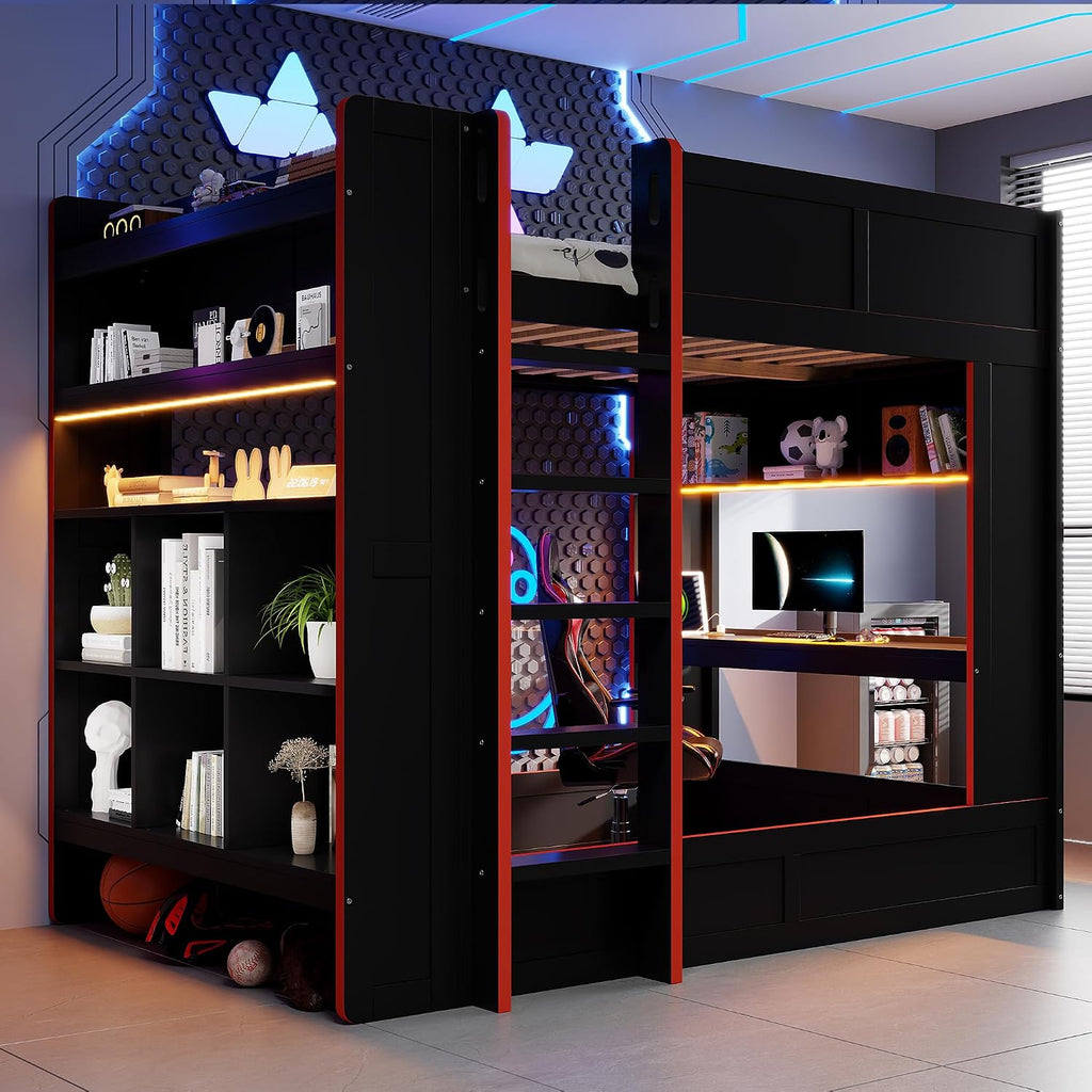 LUMISOL Full Size Gaming Loft Bed with Desk, Wood Bunk Bed Frame with Storage Shelves, LED and Charging Station, Black