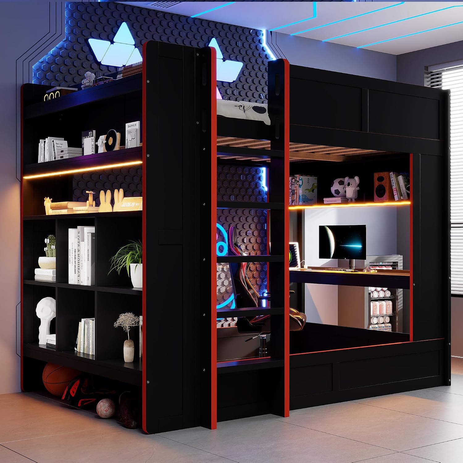 LUMISOL Full Size Gaming Loft Bed with Desk, Wood Bunk Bed Frame with Storage Shelves, LED and Charging Station, Black