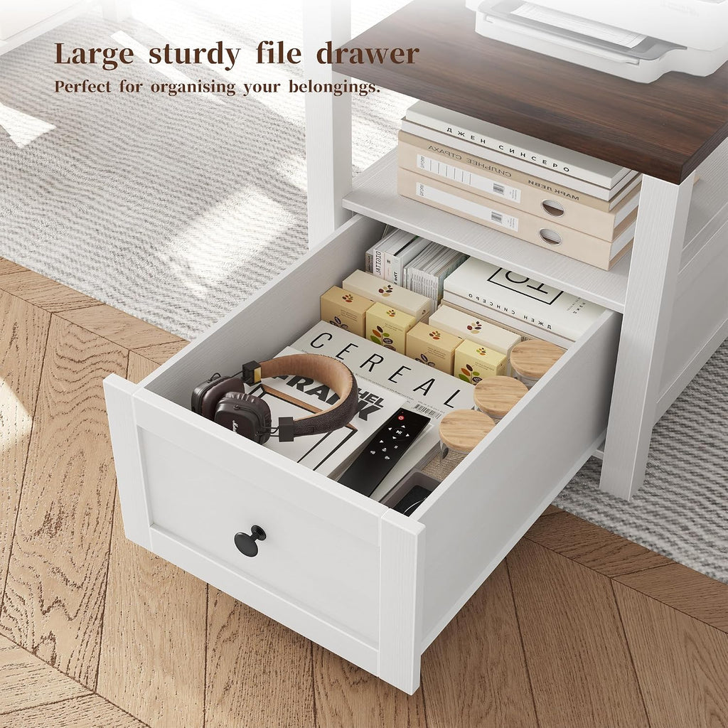 EnHomee 60.4' Computer Desk with Drawer & Power Outlet, Gaming Desk with LED Light, Farmhouse Desk Study Desk with Monitor Stand, Home Office Desk, Work Desk for Bedroom, Study Room, White
