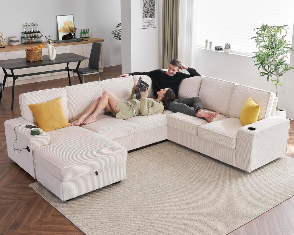 AMERLIFE 112 Inch U Shaped Couch, Oversized Couch with Storage Chaise & Cup Holders, Sectional Sofa with USB & Type-C Charging Ports, Corduroy Beige