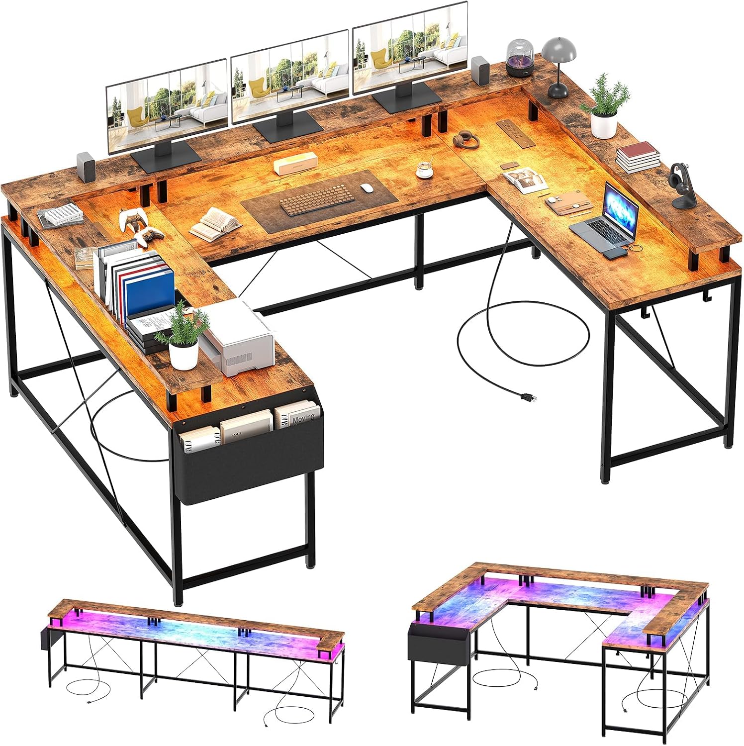 126' U Shaped Gaming Desk, Power Outlets & USB Ports, Reversible Corner Computer Desk with Monitor Stand, RGB LED Lights, Storage Shelves & Bag, Gaming Desk for Home Office, Tiger Stripes, Rustic Brow