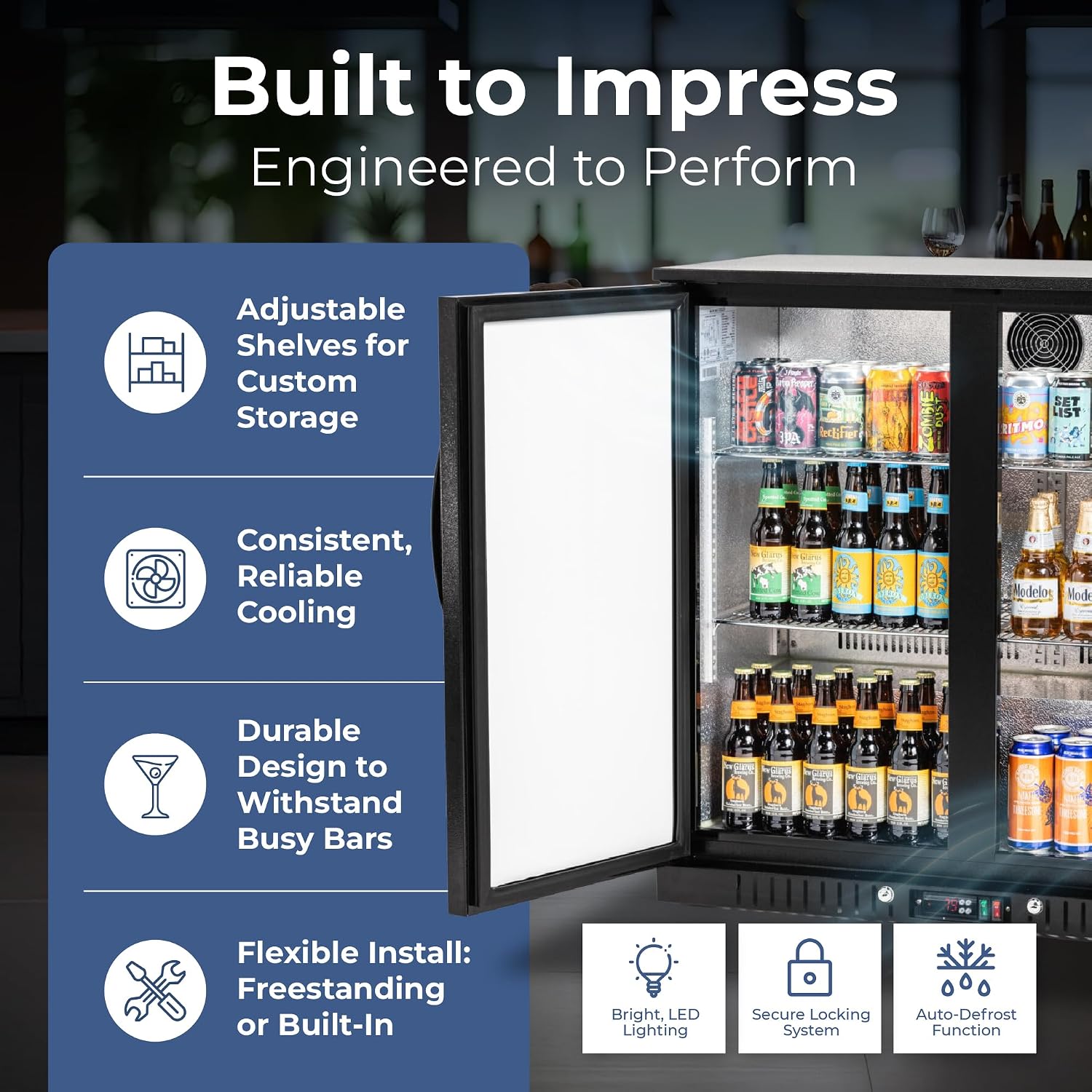 Procool 2-Door Counter Height Beverage Refrigerator - 36' Wide Energy Efficient Black Bar Fridge With LED Lighting - Commercial Back Bar Cooler