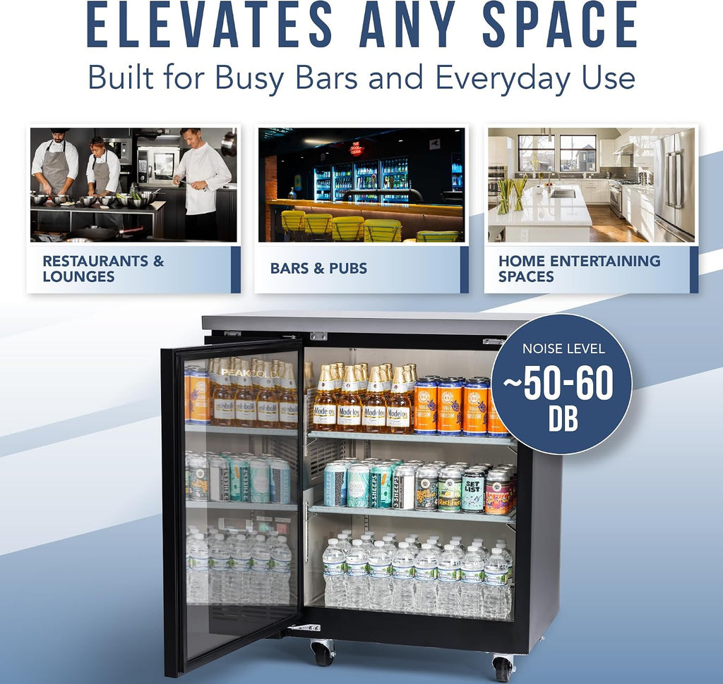 PEAKCOLD 1-Door Counter Height Beverage Refrigerator - 36' Wide Energy Efficient Black Beer Fridge With Glass Door & White LED Lighting - Commercial Back Bar Cooler