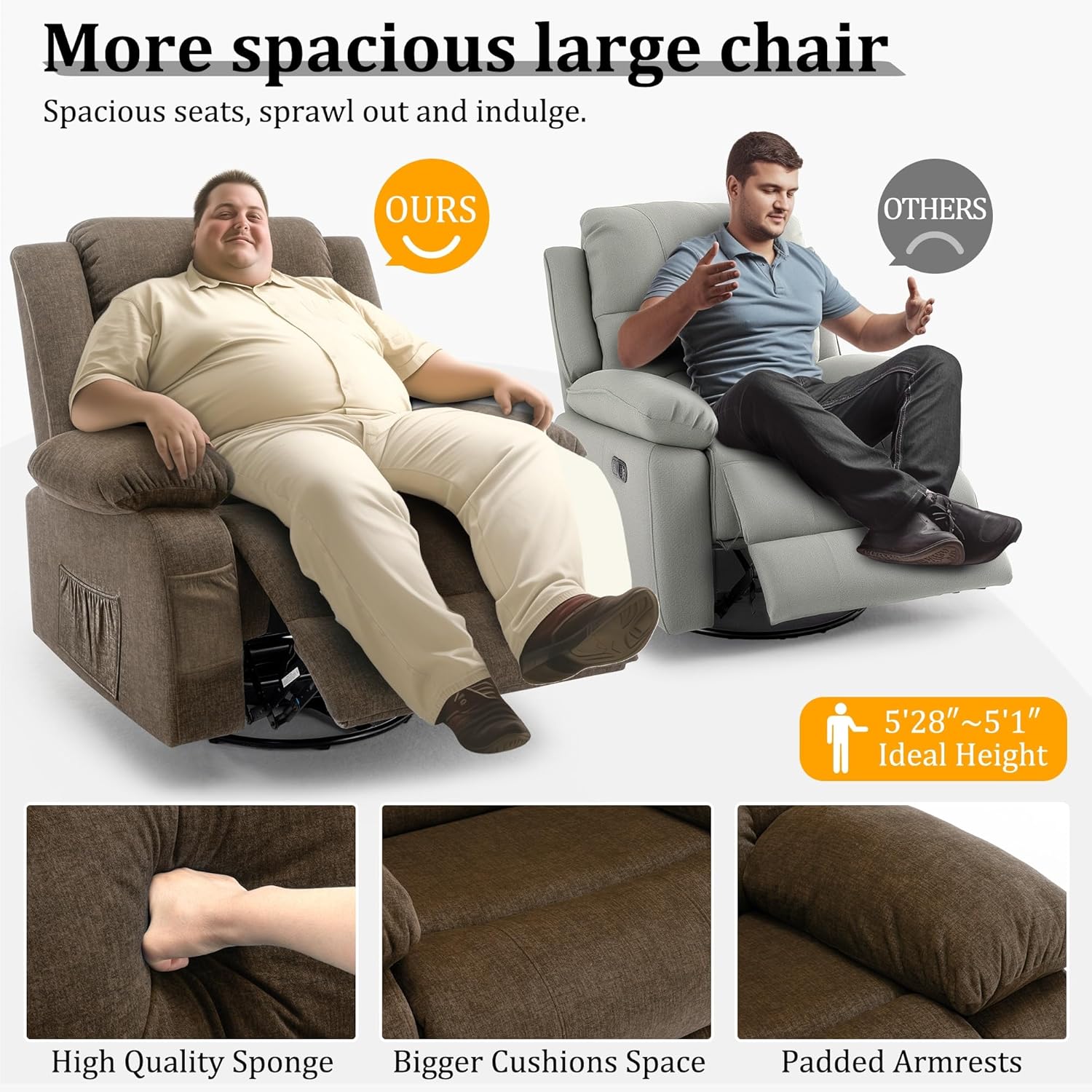 Korser Recliner Chair for Adults, Oversized 360° Swivel Rocker Recliner with Massage and Heat, Wide Nursery Glider Rocking Chair with Side Pockets, Cashmere Reclining Sofa for Living Room (Brown)