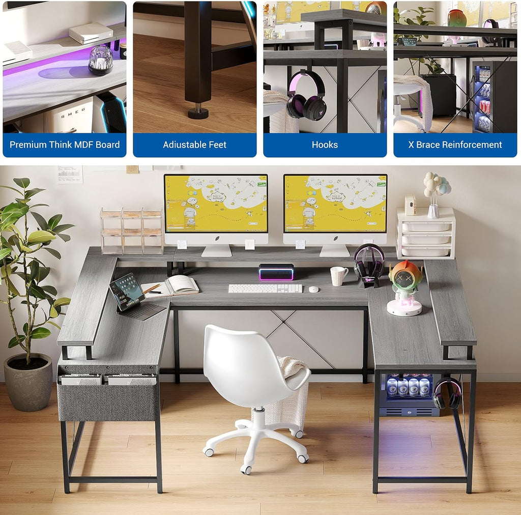 Patikuin U Shaped Desk with Power Outlets, USB Ports & RGB LED Lights, 79 Inch Large Corner Computer Desk with Monitor Stand, Reversible Gaming Desk for Home Office, Ergonomic Workstation (Oak)