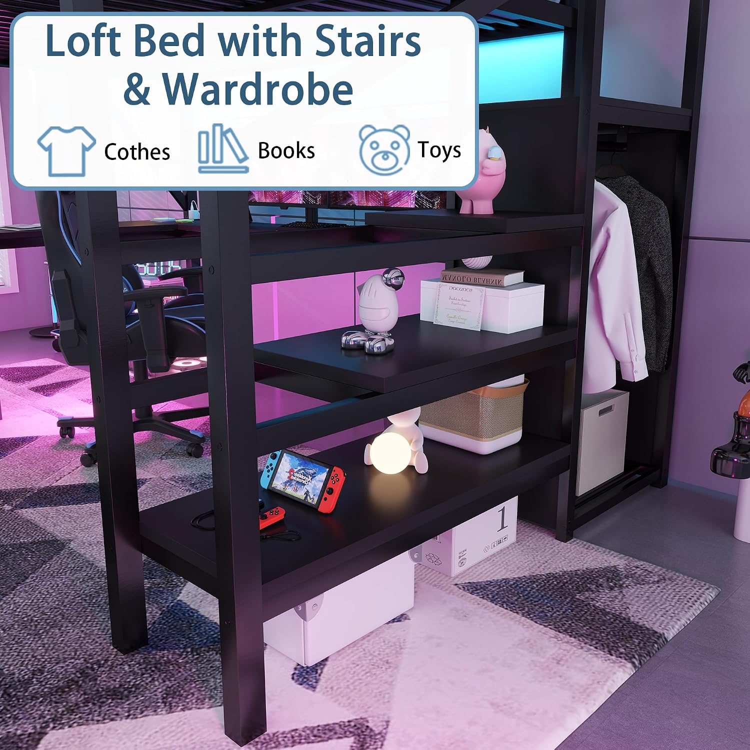 Queen Size Loft Bed with Desk & Stairs, Metal Loft Bed Frame with Storage Shelves, Charging Station & LED Light, Gaming Loft Beds with Wardrobe for Kids Teens Adults, Black