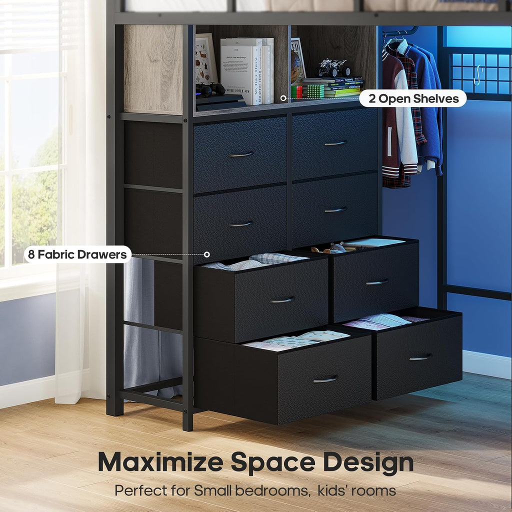 ADORNEVE Loft Bed Full Size with Desk and 8 Storage Drawers, LED Metal Loft Bed with Power Outlet, 2 Shelves & Clothing Rack, Bed with Safety Guardrail & Ladder,Space-Saving, Grey