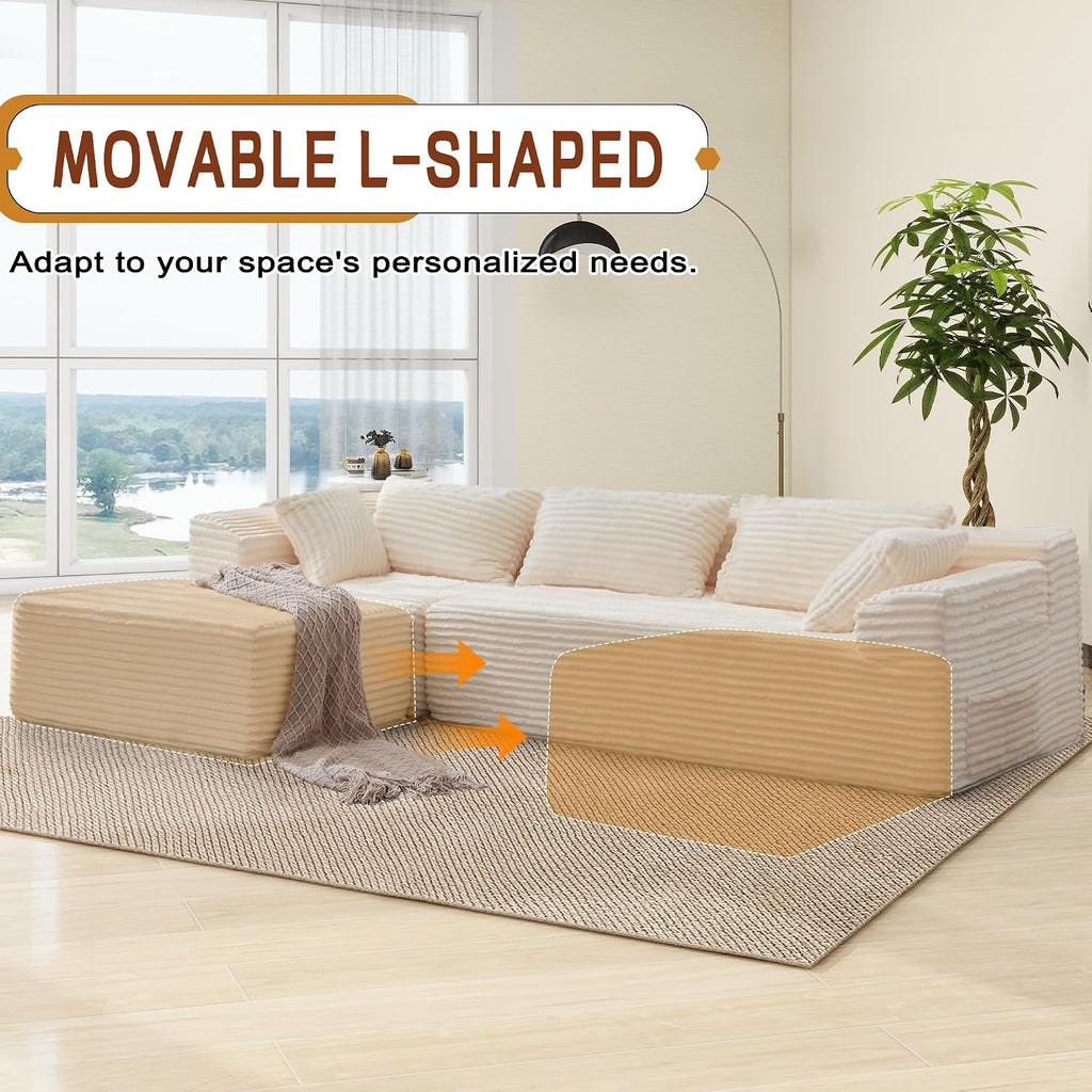 Korser 110' L-Shaped Modular Sectional Sofa with Chaise, Boneless Comfy Corduroy Fluffy Couch with Deep Seat and Side Pockets, Flexible Module Combination for Living Room, No Assembly, Side Pockets