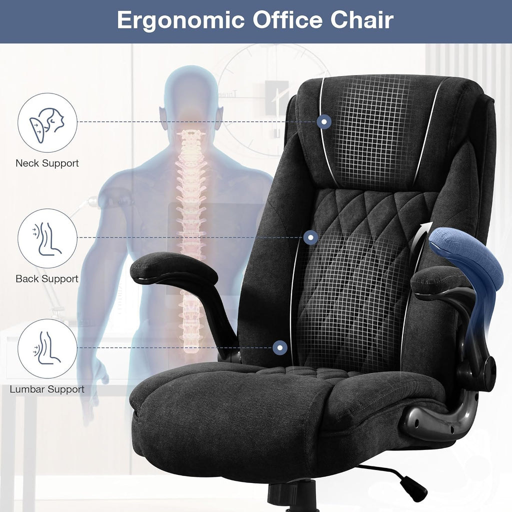 Big and Tall Fabric Office Chair 400lbs, High Back Executive Computer Desk Chair with Flip Up Armrest, Breathable Fabric Adjustable Height