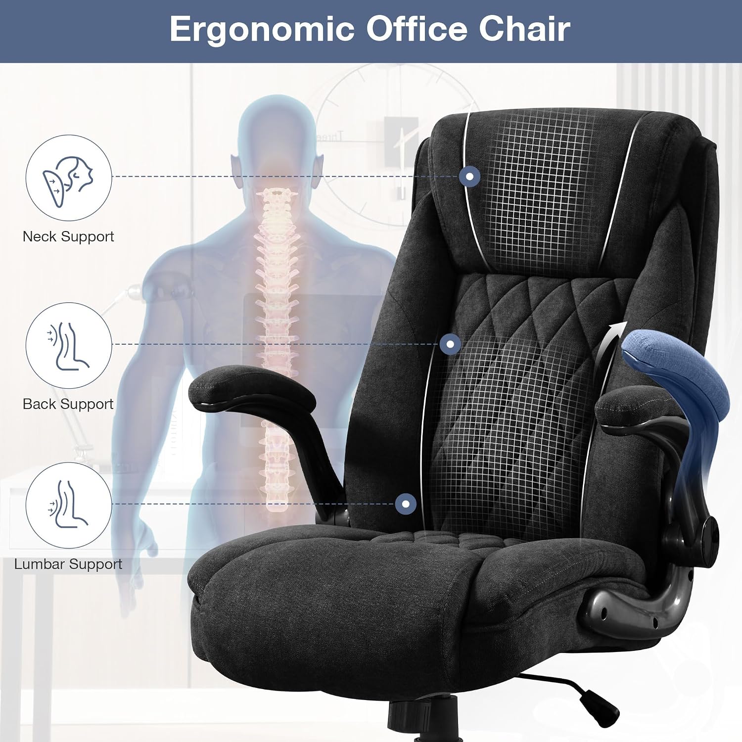 Big and Tall Fabric Office Chair 400lbs, High Back Executive Computer Desk Chair with Flip Up Armrest, Breathable Fabric Adjustable Height