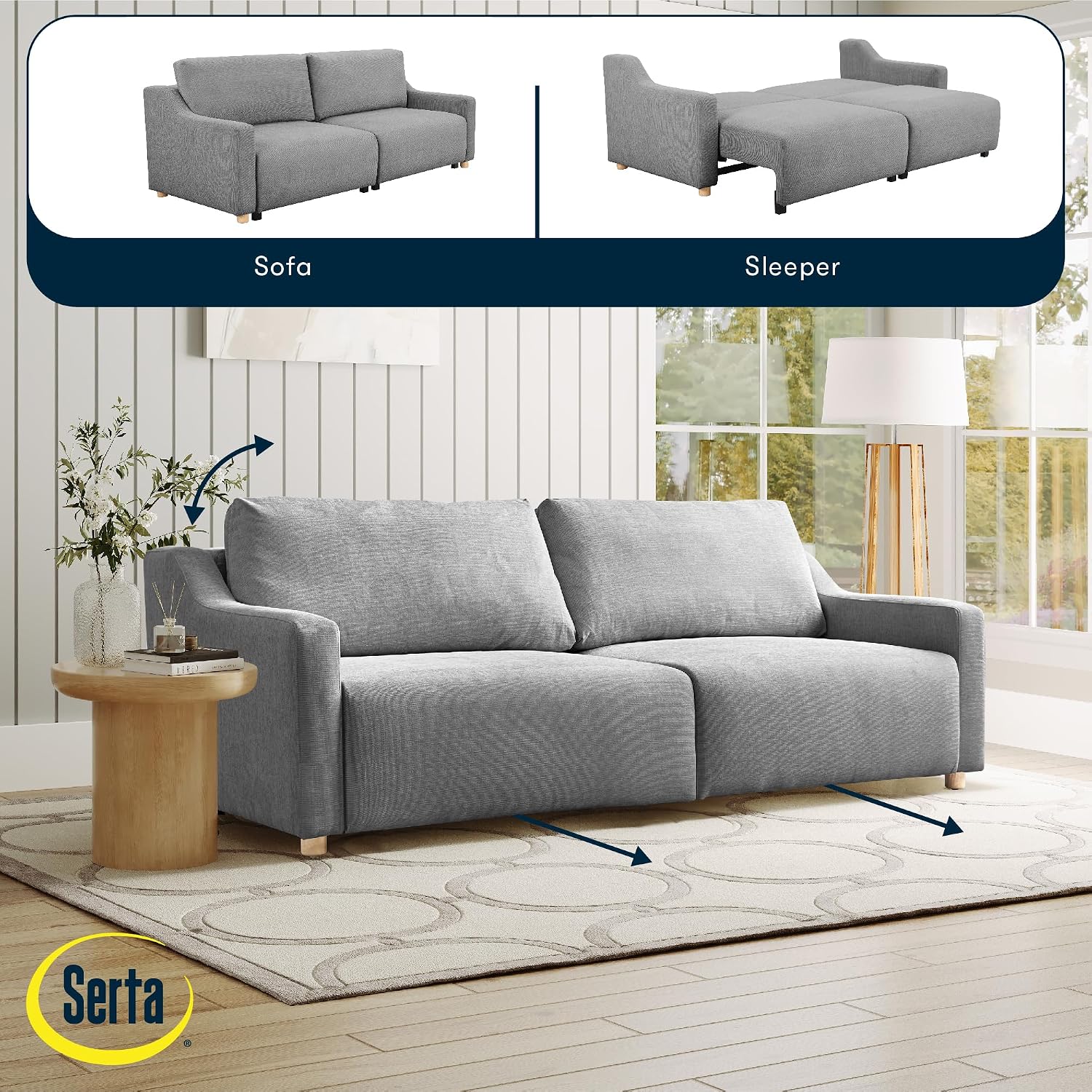 Serta Glendale 90.2' Queen Size Wall-Hugging Convertible Sofa, Dreamcoil Comfort, Chenille Fabric, Grey