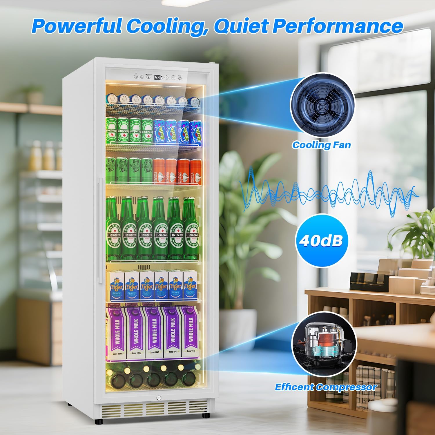 Velivi Commercial Display Beverage Fridge: 13.8 Cu Ft Upright Cooler with Glass Door, LED Lighting, Low Noise, and Rapid Cooling for Restaurants, Shops, and Offices (White)