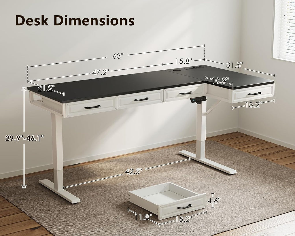 OffiGo L Shaped Electric Standing Desk with Wooden Drawers, 63 Inch Height Adjustable Corner Workstation with Power Outlets, Sit Stand Table for Home, Office, White+Black