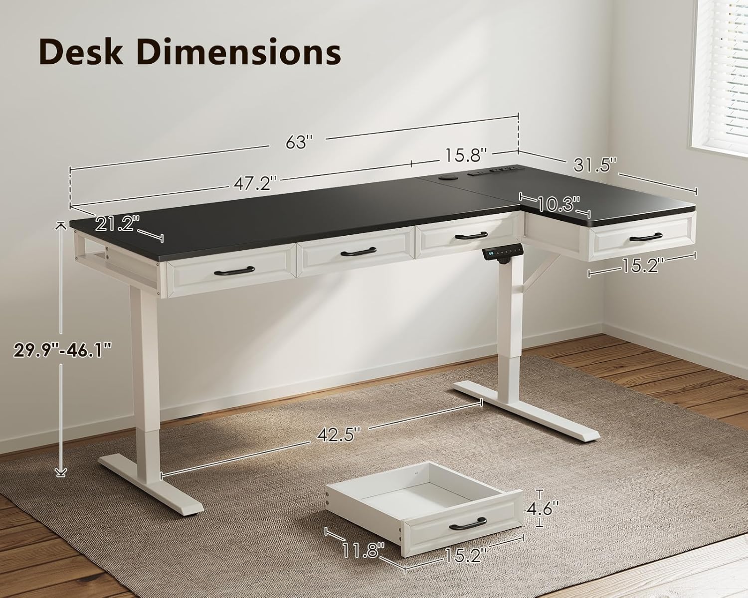 OffiGo L Shaped Electric Standing Desk with Wooden Drawers, 63 Inch Height Adjustable Corner Workstation with Power Outlets, Sit Stand Table for Home, Office, White+Black