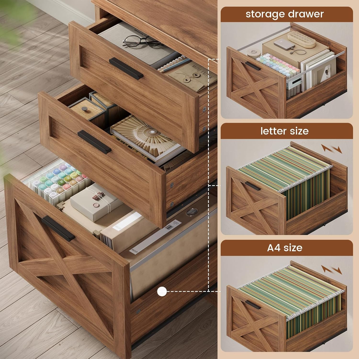 SEDETA 55.1' Executive Office Desk with 3 Drawers, Farmhouse Computer Desk with File Drawer & Storage Shelves, Home Office Desk with Power Outlet for Home Office, Brown
