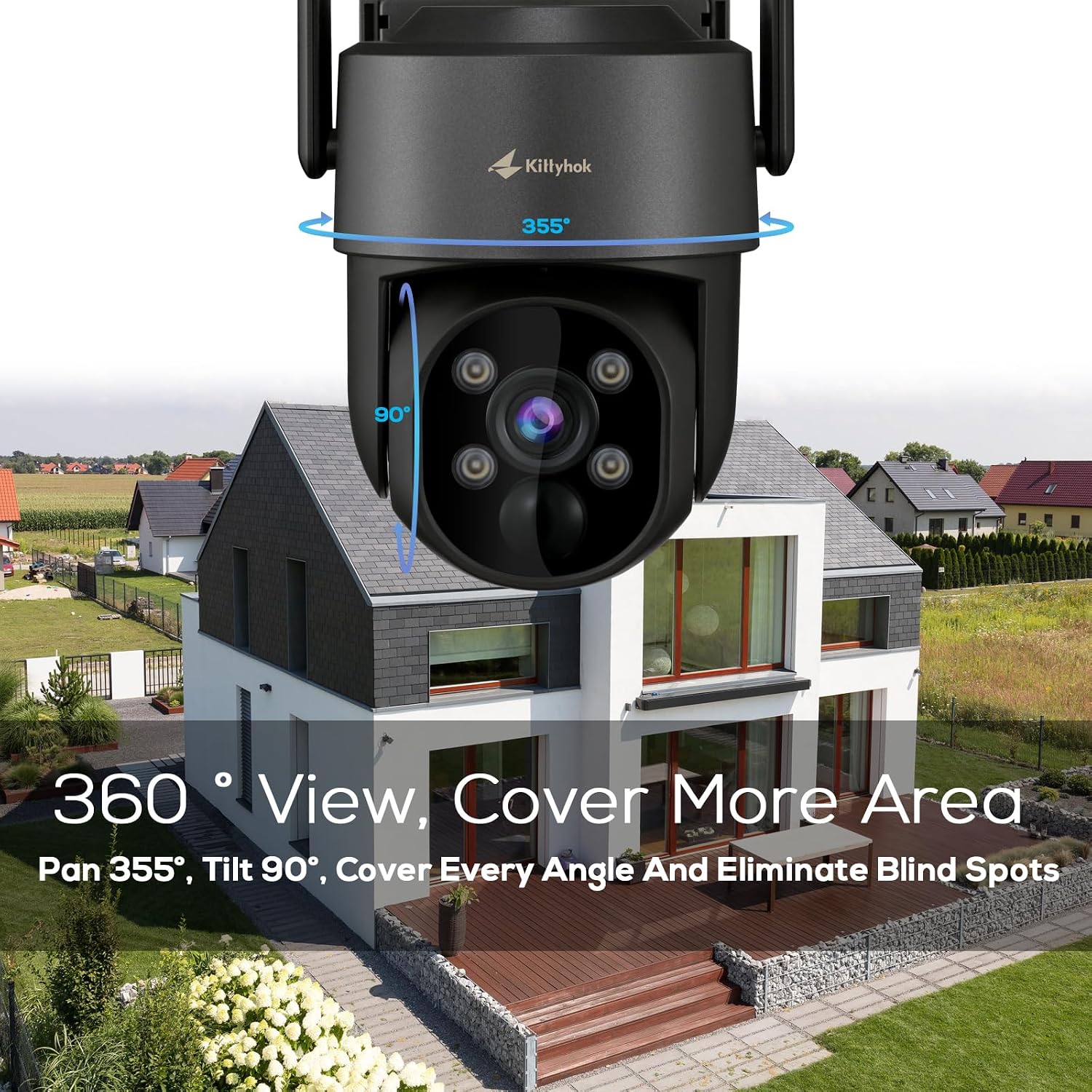 Kittyhok Black Solar Security Cameras Wireless Outdoor System, 5G/2.4G WiFi, 4pcs 2K Ultra Pan/Tilt Home Solar Security Camera with Human Detection, Spotlight, 10CH WiFi-6 NVR, 60 Days Local Storage
