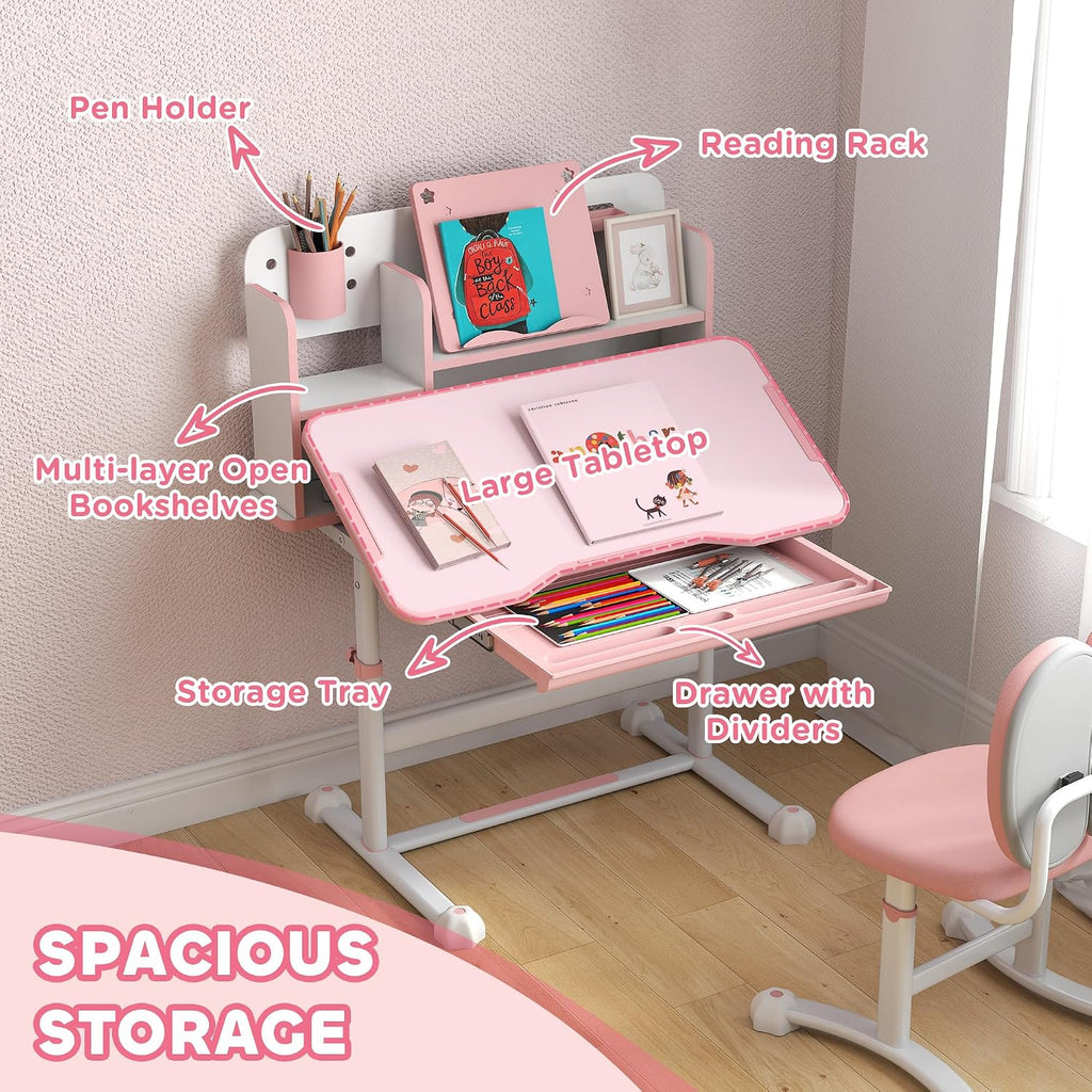 Qaba Kids Desk and Chair Set, Height Adjustable Kids School Study Desk and Chair Set with Tilt Desktop, Storage Drawer and Reading Rack for Writing, Reading and Drawing, Pink
