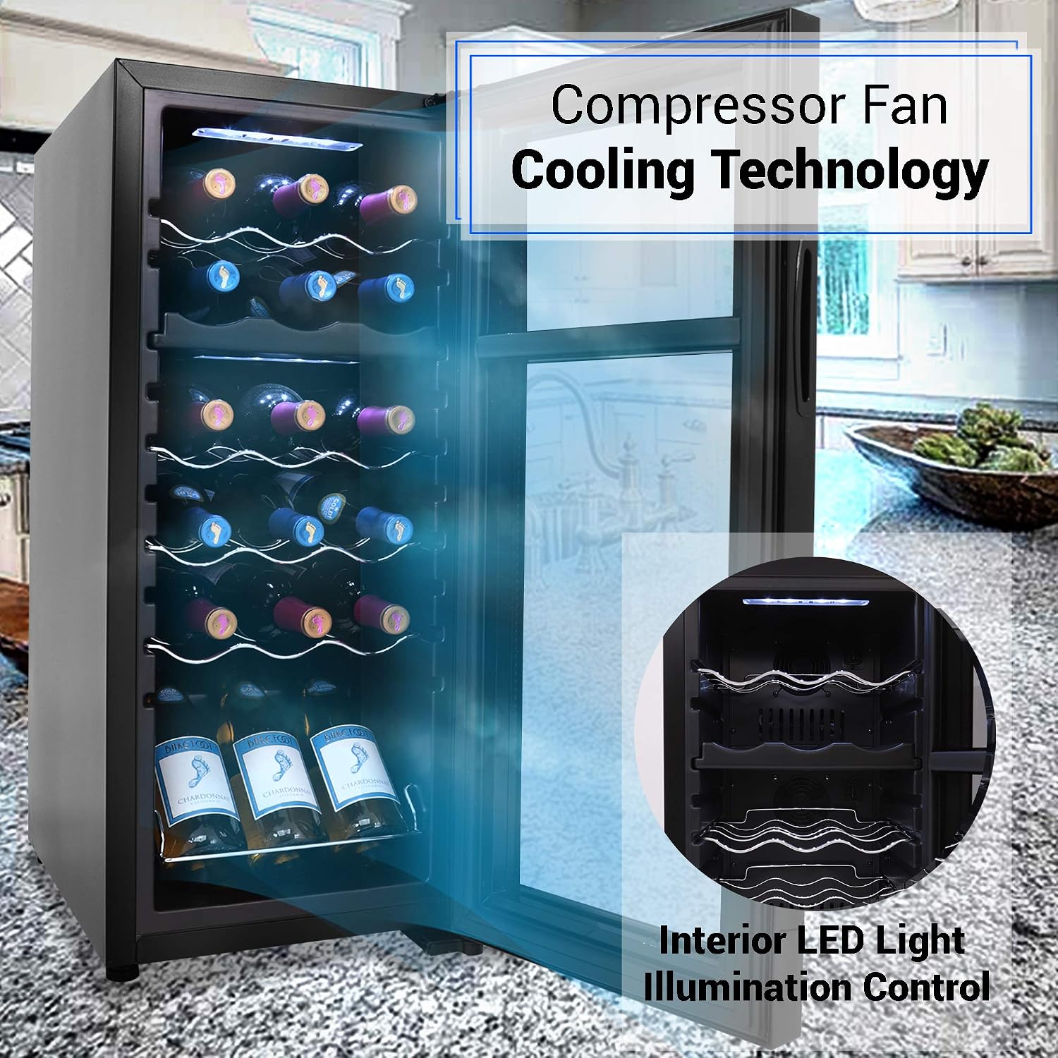 NutriChef PKCWCDS188 Freestanding Wine Fridge, 18 Bottle Dual Zone Beverage Cooler for Home & Office, 32x13x19 inches, Adjustable Temp 41-64F, Black