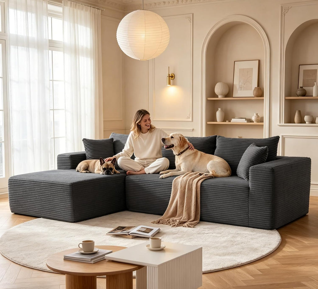 MANGODAN 110' Cloud Sectional Couch, Boneless Sofa for Living Room, Modular Sectional Sofa with Deep Seat, Comfy Fluffy Couch with L-Shaped Chaise, No Assembly Required (Left-Facing Chaise, Dark Grey)