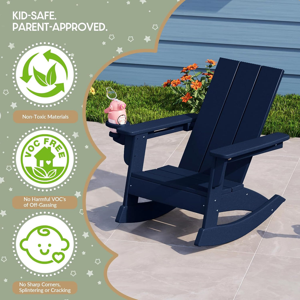 WestinTrends Ashore Outdoor HDPE Plastic Preschool Toddler Modern Adirondack Rocking Chairs (Set of 2), Navy Blue