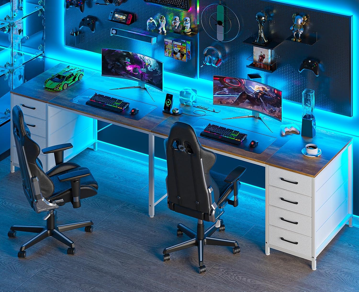 TVU 95' 2 Person Desk with 8 Fabric Drawers, Long Computer Desk Home Office Desk with Storage, Two Person Double Desks with Power Outlets, Brown and White