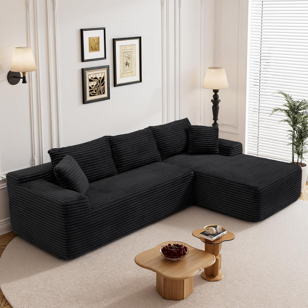 95' L Shaped Boneless Sectional Couches, Wide Armrest, Deep Seat, Memory Foam, Assembly Free, Modern Comfy Corduroy Fluffy Cloud Sofa with Right Chaise for Living Room, Small Spaces, Black