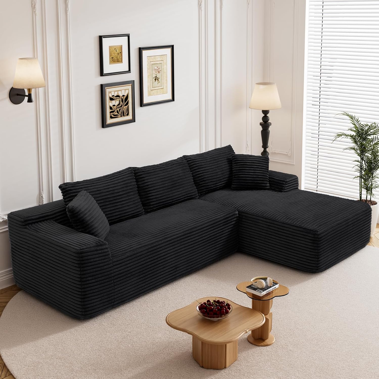 95' L Shaped Boneless Sectional Couches, Wide Armrest, Deep Seat, Memory Foam, Assembly Free, Modern Comfy Corduroy Fluffy Cloud Sofa with Right Chaise for Living Room, Small Spaces, Black