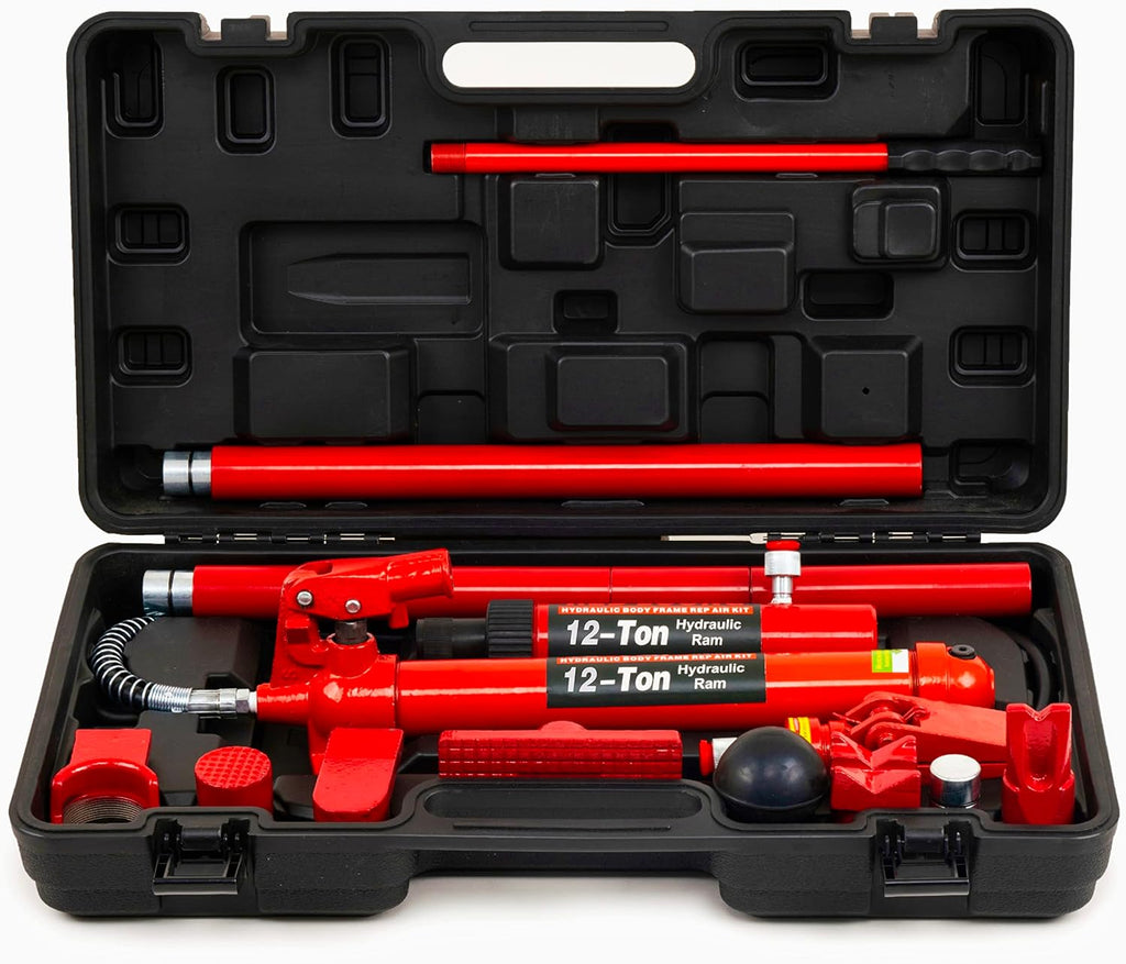 12 Ton Porta Power Hydraulic Jack Kit, Heavy Duty Hydraulic Ram & Pump Set, Auto Body Frame Repair Tool with Extension Tubes for Car, Truck & Garage