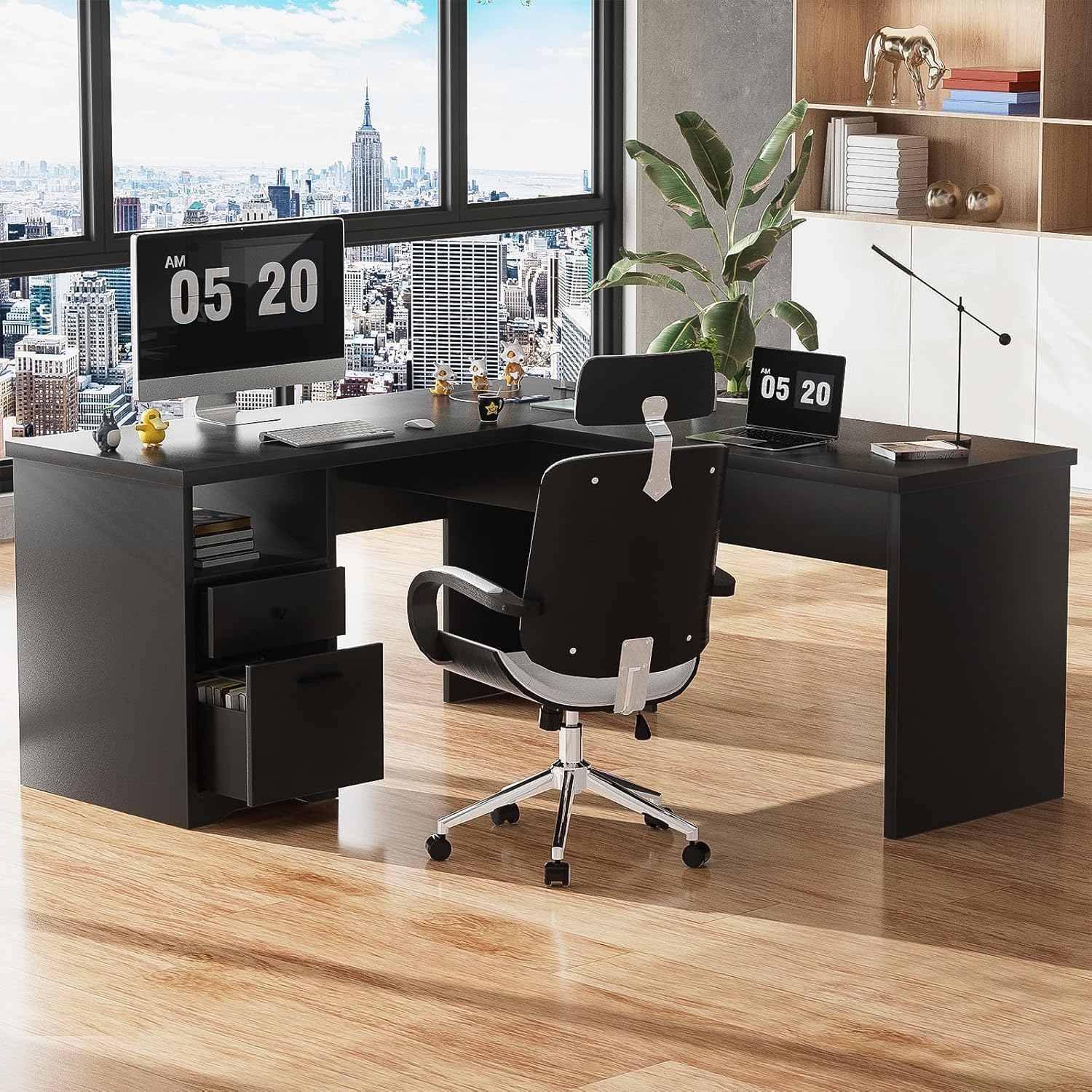 Unikito L Shaped Desk with Lift Top and Drawers, Large Office Desk with Power Outlets and USB Charging Ports, Sturdy Corner Computer Desk Writing Table with Storage, L Shape Standing Desk, Black