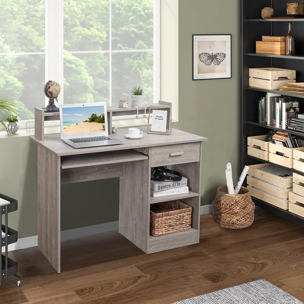 Karl home Computer Desk Study Writing Desk, Wooden Home Office Workstation PC Laptop Table with Drawer Shelf Keyboard Tray, Grey
