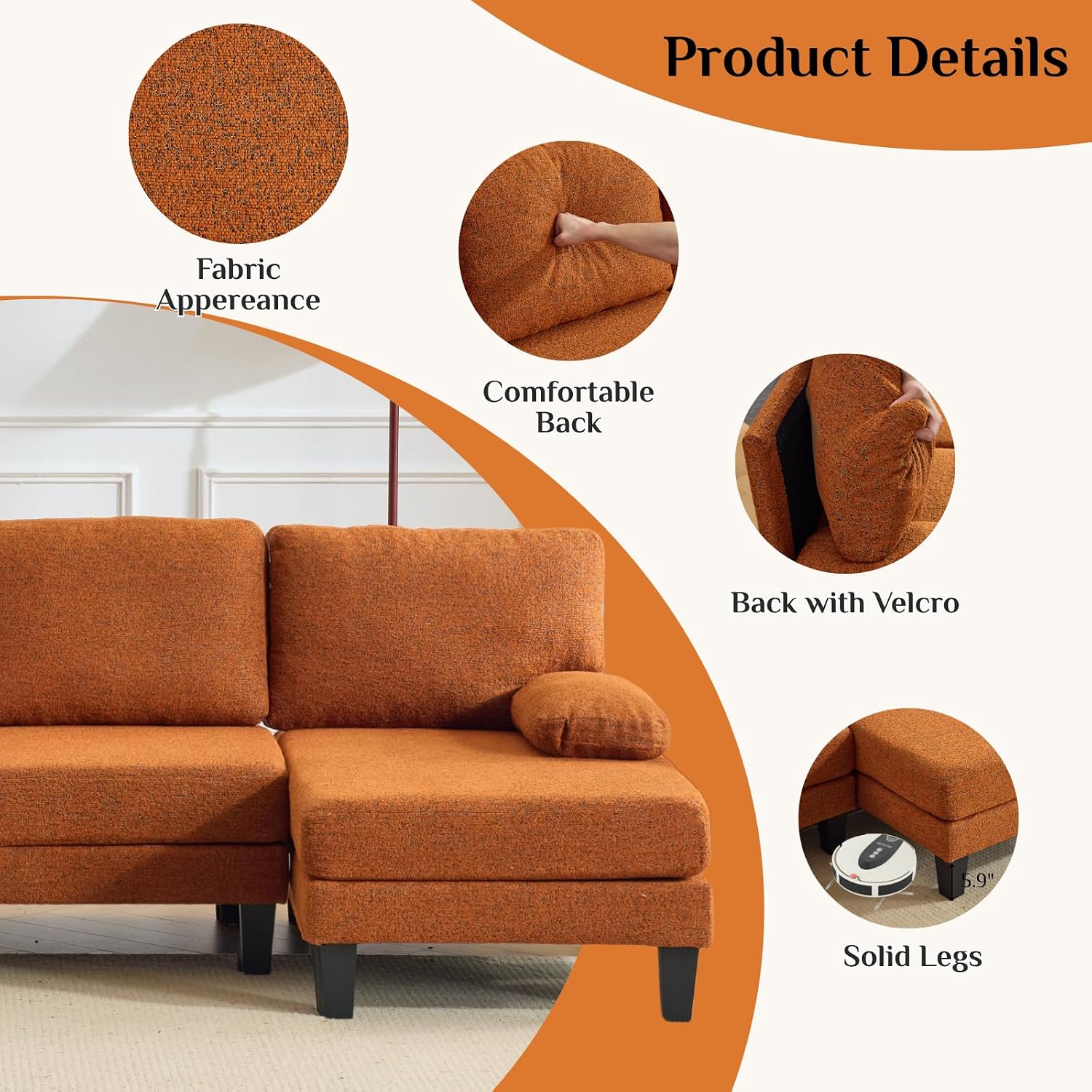 Karl home 110' U-Shape Sectional Couches for Living Room Chenille Upholstery 4 Seat Sofa Set with Double Chaises & Wood Grain Legs for Apartment, Orange